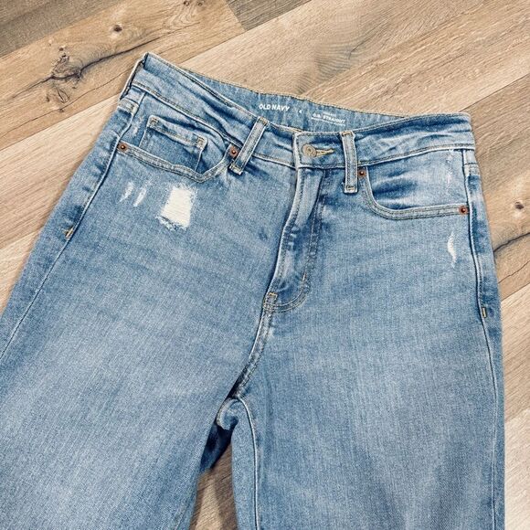 Old Navy High Rise OG Straight Raw Hew Mom Jeans Blue 4 Ankle Distressed - Picture 6 of 13